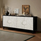 Anta con design simmetrico intagliato e cornice color legno per tavolino porta TV