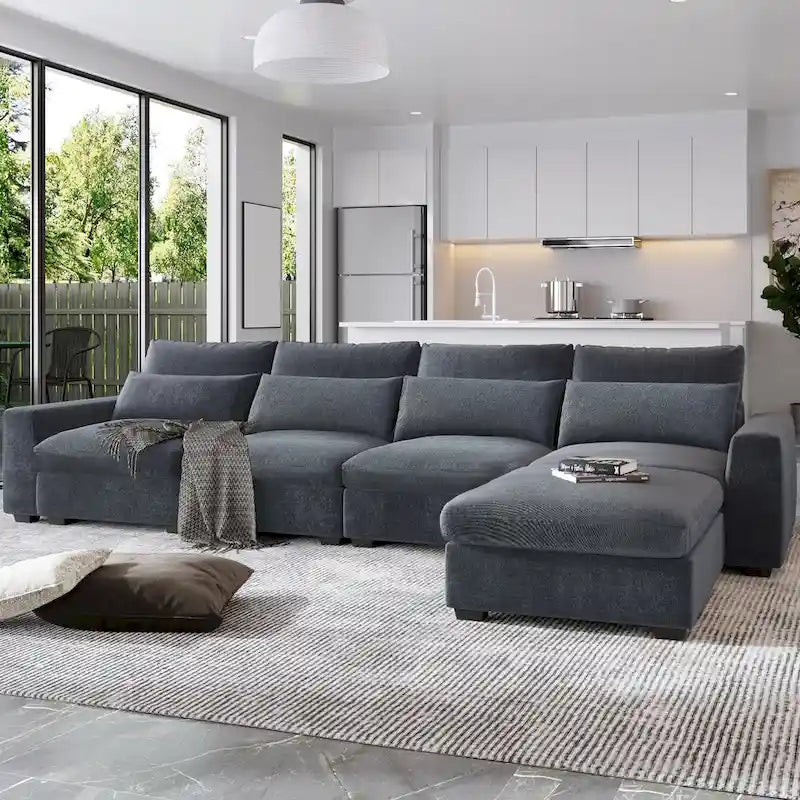 Divano sezionale grande moderno trasformabile a forma di L imbottito in piuma con chaise longue reversibile - 129,9L x 72P x 31,5A