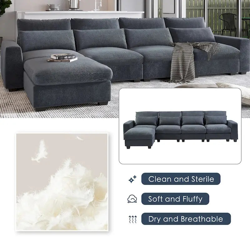 Divano sezionale grande moderno trasformabile a forma di L imbottito in piuma con chaise longue reversibile - 129,9L x 72P x 31,5A