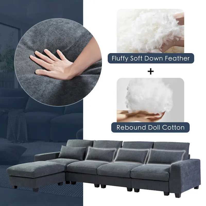 Divano sezionale grande moderno trasformabile a forma di L imbottito in piuma con chaise longue reversibile - 129,9L x 72P x 31,5A