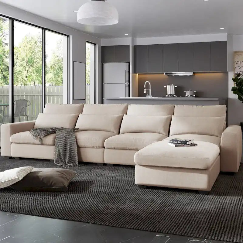 Divano sezionale grande moderno trasformabile a forma di L imbottito in piuma con chaise longue reversibile - 129,9L x 72P x 31,5A