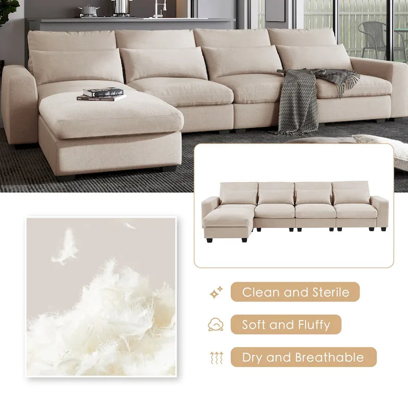 Divano sezionale grande moderno trasformabile a forma di L imbottito in piuma con chaise longue reversibile - 129,9L x 72P x 31,5A