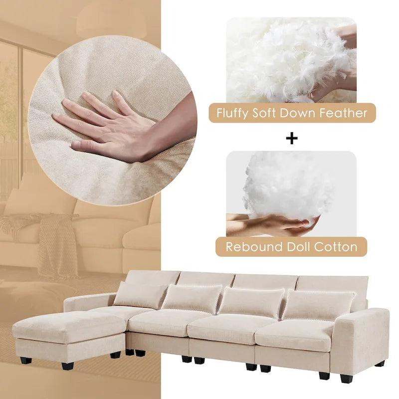 Divano sezionale grande moderno trasformabile a forma di L imbottito in piuma con chaise longue reversibile - 129,9L x 72P x 31,5A