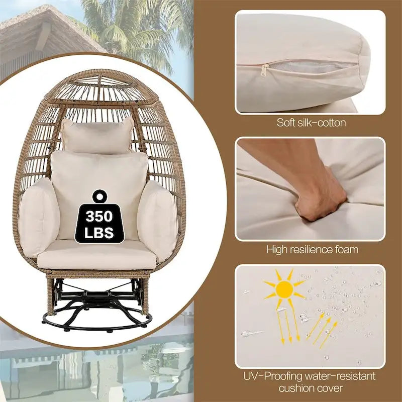 Poltrona a dondolo girevole da patio in rattan a forma di uovo con cuscini