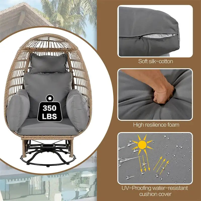 Poltrona a dondolo girevole da patio in rattan a forma di uovo con cuscini