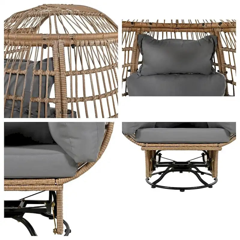 Poltrona a dondolo girevole da patio in rattan a forma di uovo con cuscini