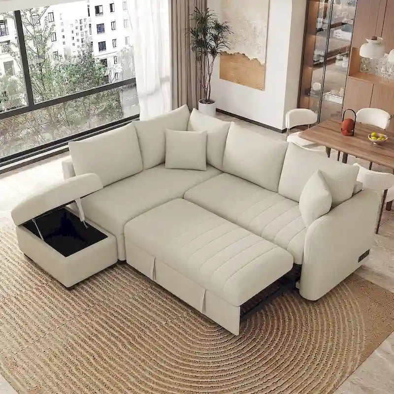 Divano Sezionale Trasformabile con Rivestimento in Tessuto e Pouf Contenitore Mobile, Divano Letto Estraibile a L