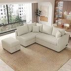 Divano Sezionale Trasformabile con Rivestimento in Tessuto e Pouf Contenitore Mobile, Divano Letto Estraibile a L