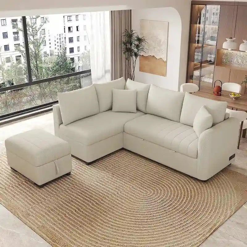Divano Sezionale Trasformabile con Rivestimento in Tessuto e Pouf Contenitore Mobile, Divano Letto Estraibile a L