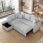 Divano Sezionale Trasformabile con Rivestimento in Tessuto e Pouf Contenitore Mobile, Divano Letto Estraibile a L