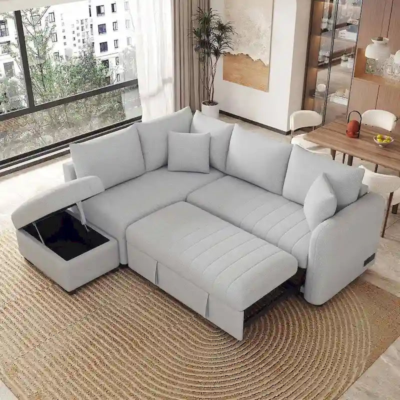 Divano Sezionale Trasformabile con Rivestimento in Tessuto e Pouf Contenitore Mobile, Divano Letto Estraibile a L
