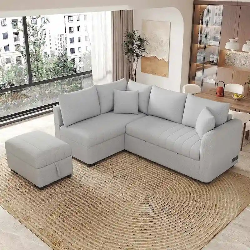 Divano Sezionale Trasformabile con Rivestimento in Tessuto e Pouf Contenitore Mobile, Divano Letto Estraibile a L