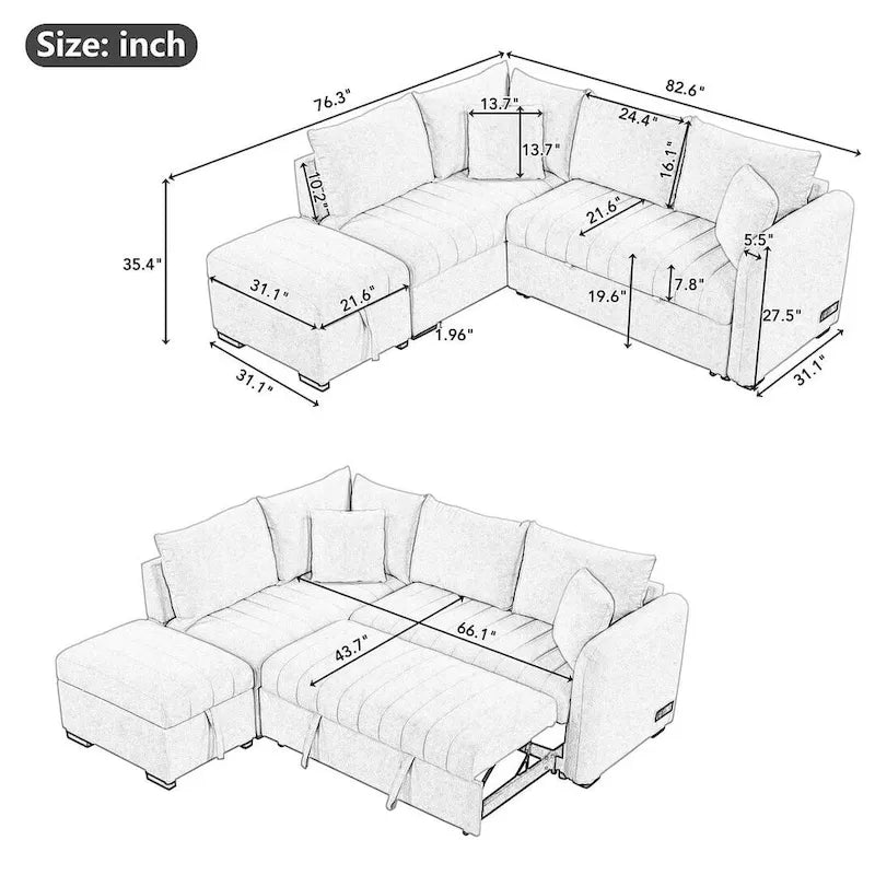 Divano Sezionale Trasformabile con Rivestimento in Tessuto e Pouf Contenitore Mobile, Divano Letto Estraibile a L