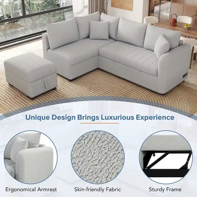 Divano Sezionale Trasformabile con Rivestimento in Tessuto e Pouf Contenitore Mobile, Divano Letto Estraibile a L