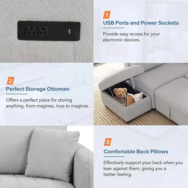Divano Sezionale Trasformabile con Rivestimento in Tessuto e Pouf Contenitore Mobile, Divano Letto Estraibile a L