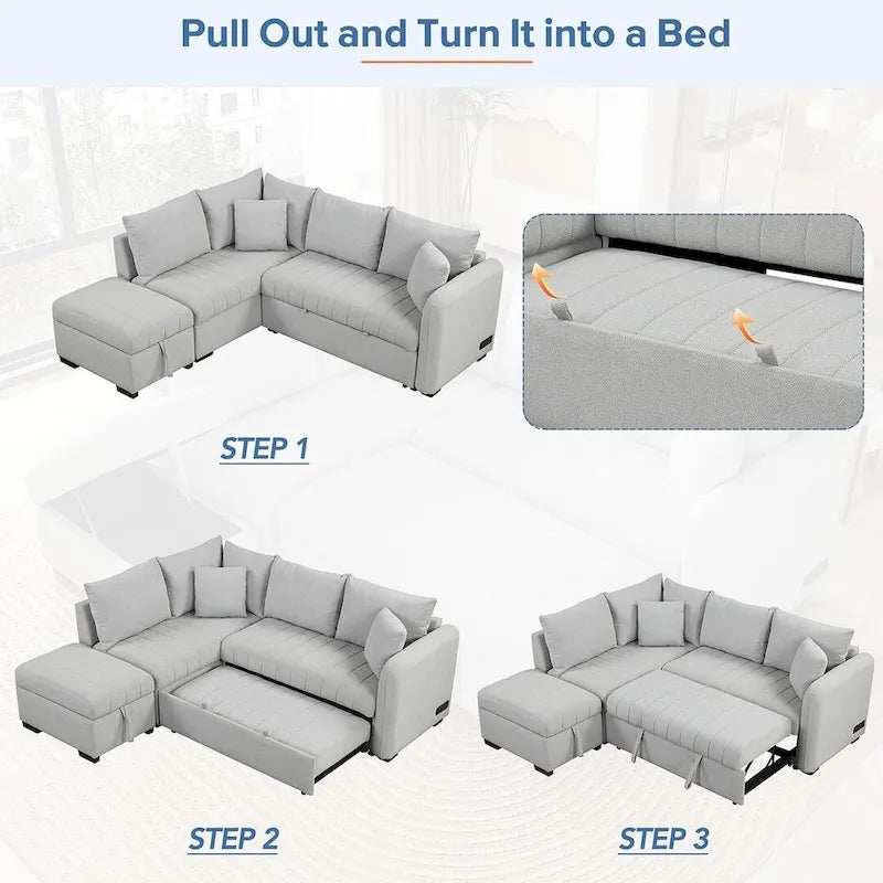 Divano Sezionale Trasformabile con Rivestimento in Tessuto e Pouf Contenitore Mobile, Divano Letto Estraibile a L
