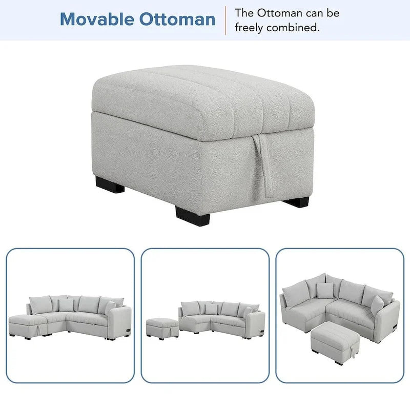 Divano Sezionale Trasformabile con Rivestimento in Tessuto e Pouf Contenitore Mobile, Divano Letto Estraibile a L