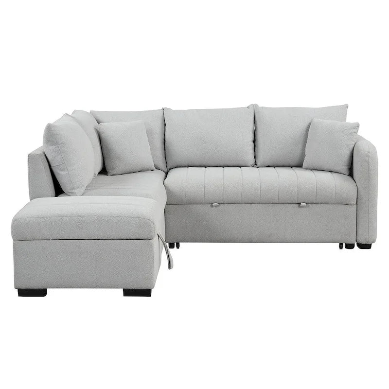 Divano Sezionale Trasformabile con Rivestimento in Tessuto e Pouf Contenitore Mobile, Divano Letto Estraibile a L