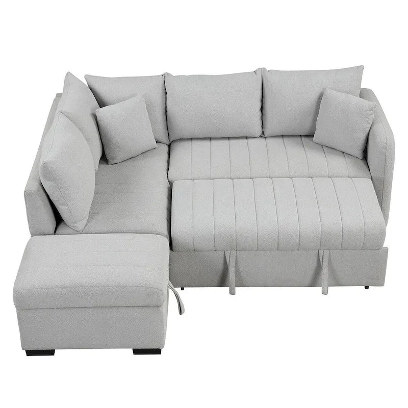 Divano Sezionale Trasformabile con Rivestimento in Tessuto e Pouf Contenitore Mobile, Divano Letto Estraibile a L