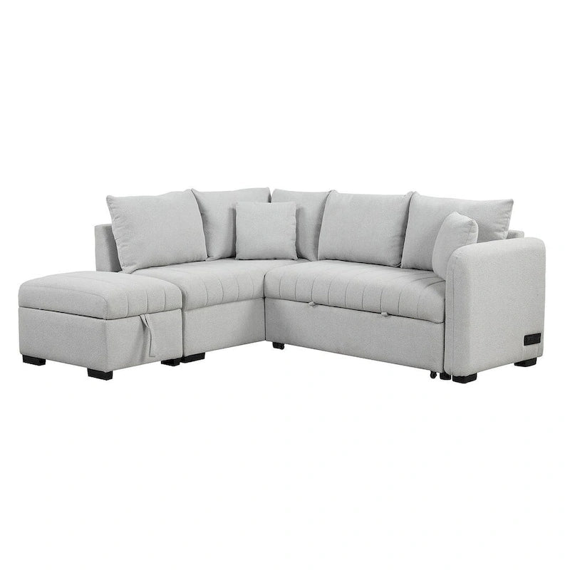 Divano Sezionale Trasformabile con Rivestimento in Tessuto e Pouf Contenitore Mobile, Divano Letto Estraibile a L