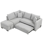 Divano Sezionale Trasformabile con Rivestimento in Tessuto e Pouf Contenitore Mobile, Divano Letto Estraibile a L