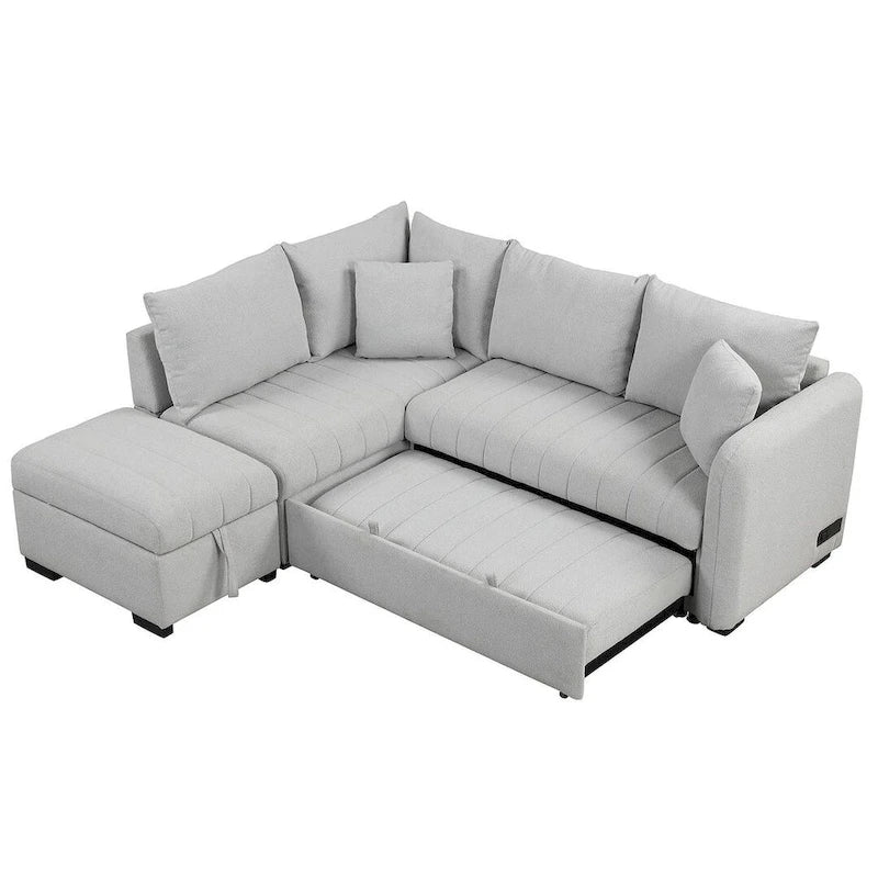 Divano Sezionale Trasformabile con Rivestimento in Tessuto e Pouf Contenitore Mobile, Divano Letto Estraibile a L