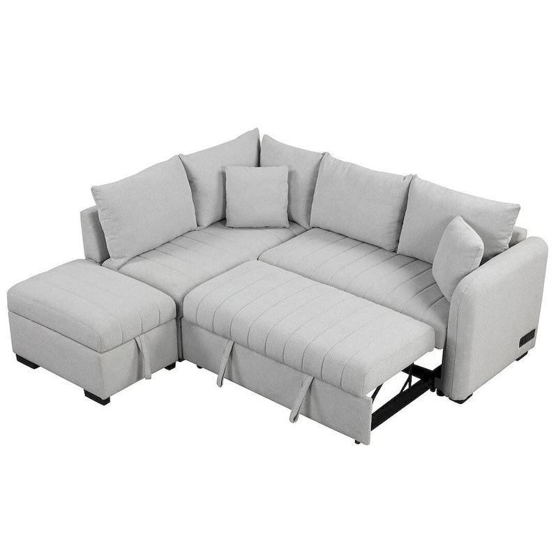 Divano Sezionale Trasformabile con Rivestimento in Tessuto e Pouf Contenitore Mobile, Divano Letto Estraibile a L