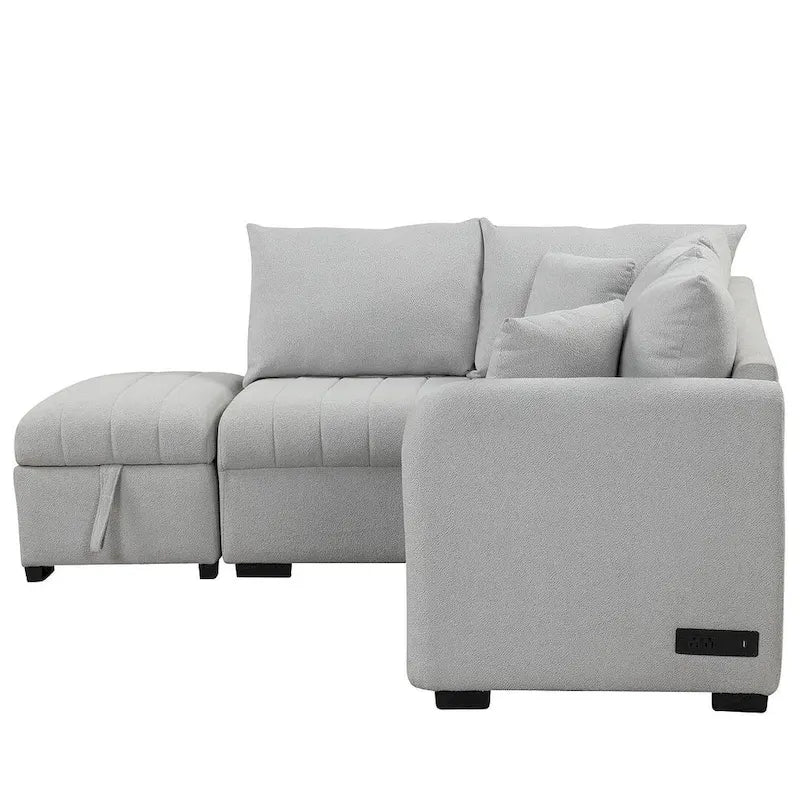 Divano Sezionale Trasformabile con Rivestimento in Tessuto e Pouf Contenitore Mobile, Divano Letto Estraibile a L