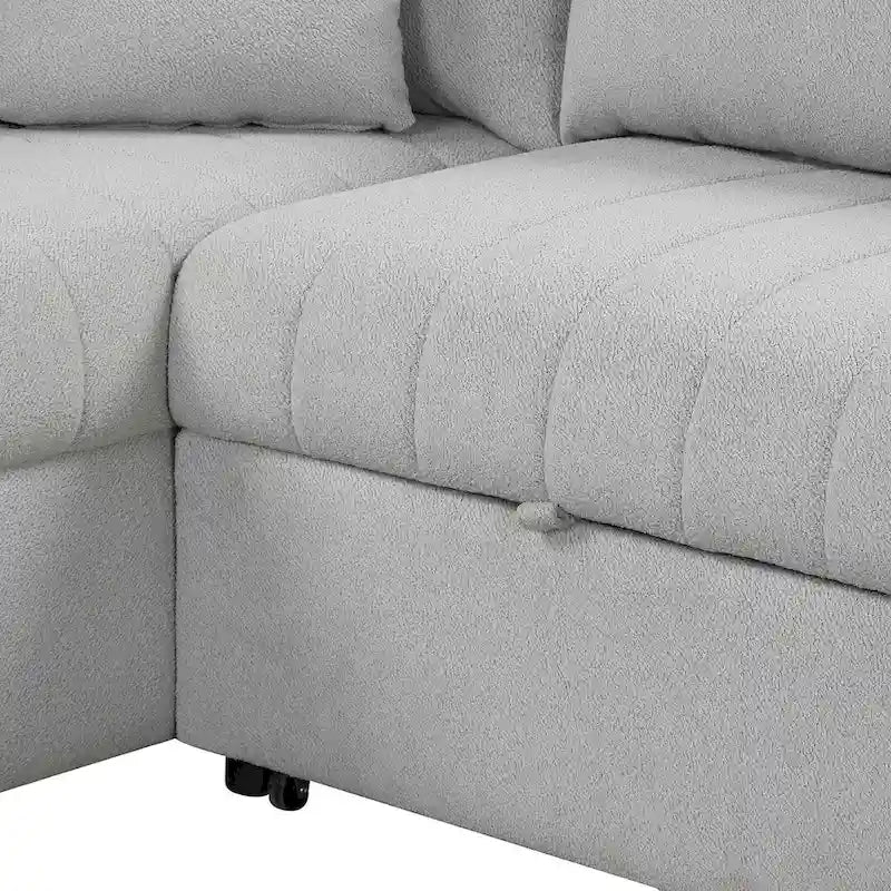 Divano Sezionale Trasformabile con Rivestimento in Tessuto e Pouf Contenitore Mobile, Divano Letto Estraibile a L