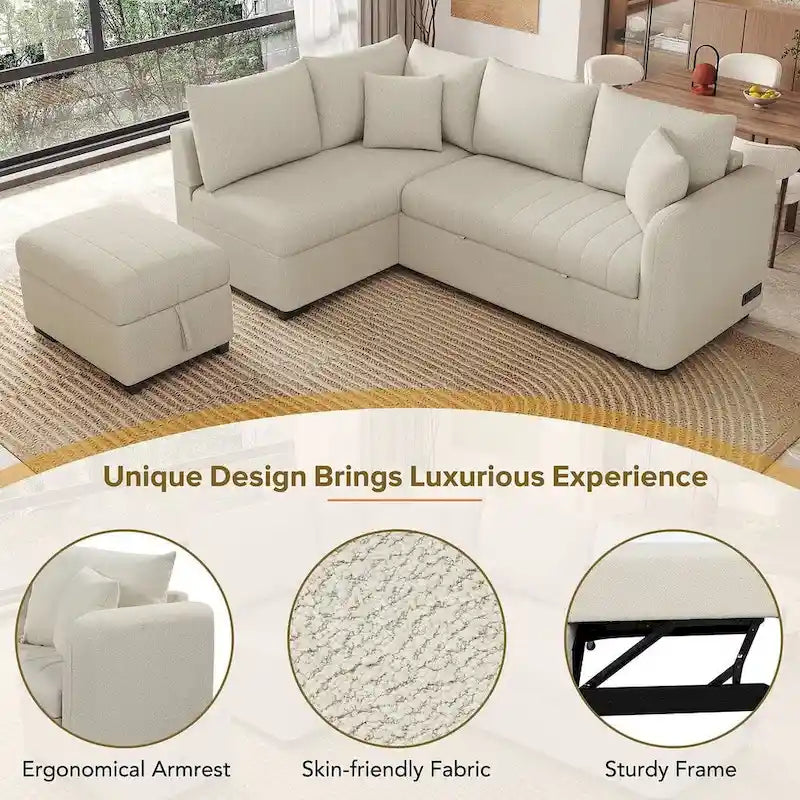 Divano Sezionale Trasformabile con Rivestimento in Tessuto e Pouf Contenitore Mobile, Divano Letto Estraibile a L