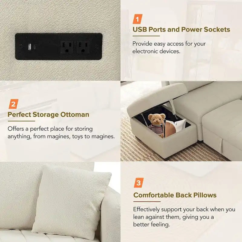 Divano Sezionale Trasformabile con Rivestimento in Tessuto e Pouf Contenitore Mobile, Divano Letto Estraibile a L
