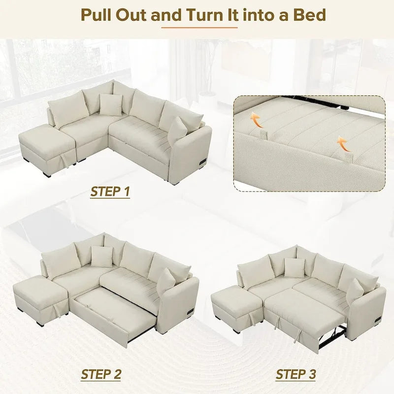 Divano Sezionale Trasformabile con Rivestimento in Tessuto e Pouf Contenitore Mobile, Divano Letto Estraibile a L