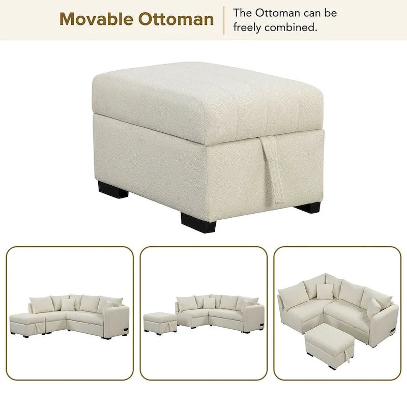 Divano Sezionale Trasformabile con Rivestimento in Tessuto e Pouf Contenitore Mobile, Divano Letto Estraibile a L