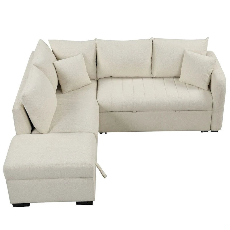 Divano Sezionale Trasformabile con Rivestimento in Tessuto e Pouf Contenitore Mobile, Divano Letto Estraibile a L