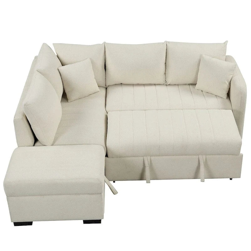Divano Sezionale Trasformabile con Rivestimento in Tessuto e Pouf Contenitore Mobile, Divano Letto Estraibile a L