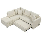 Divano Sezionale Trasformabile con Rivestimento in Tessuto e Pouf Contenitore Mobile, Divano Letto Estraibile a L