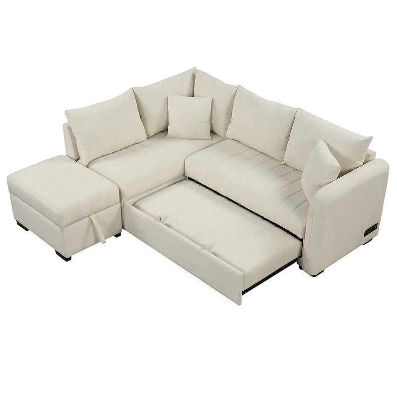 Divano Sezionale Trasformabile con Rivestimento in Tessuto e Pouf Contenitore Mobile, Divano Letto Estraibile a L