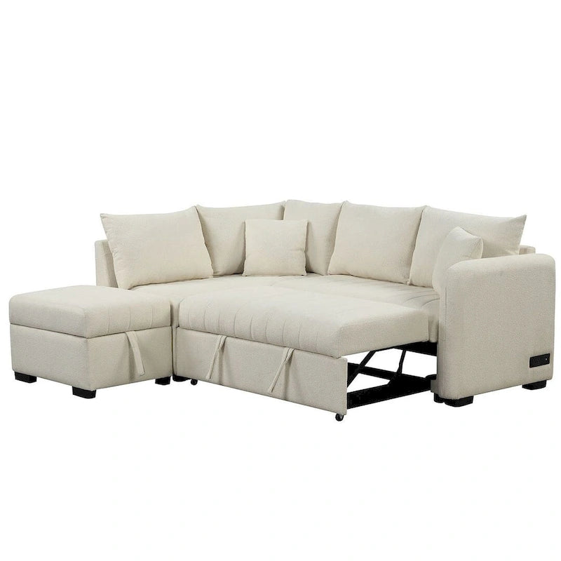Divano Sezionale Trasformabile con Rivestimento in Tessuto e Pouf Contenitore Mobile, Divano Letto Estraibile a L