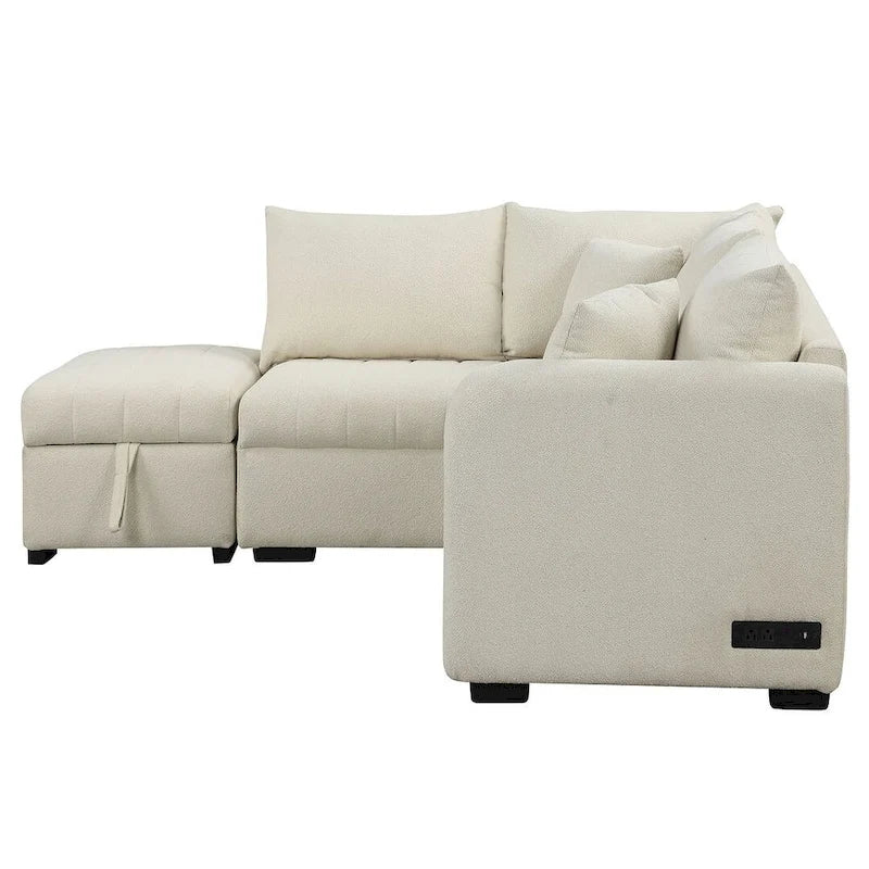 Divano Sezionale Trasformabile con Rivestimento in Tessuto e Pouf Contenitore Mobile, Divano Letto Estraibile a L