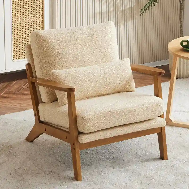 Poltrona d'accento rivestita in misto lino con gambe in legno e un cuscino, beige