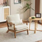 Poltrona d'accento rivestita in misto lino con gambe in legno e un cuscino, beige