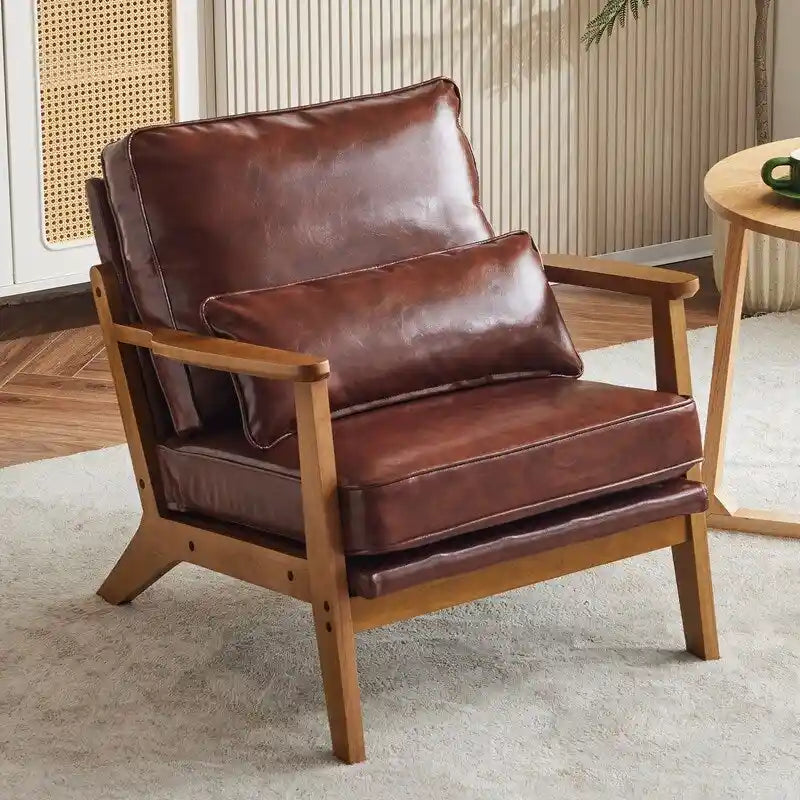 Poltrona d'accento rivestita in misto lino con gambe in legno e un cuscino, beige