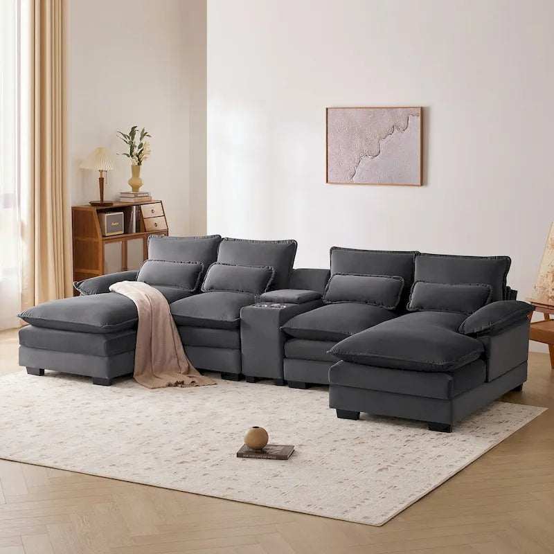 Divano a U 123*55 con Consolle, Portabicchieri e Porte USB, Divano Letto Simmetrico a U Rivestito a 6 Posti con Chaise longue