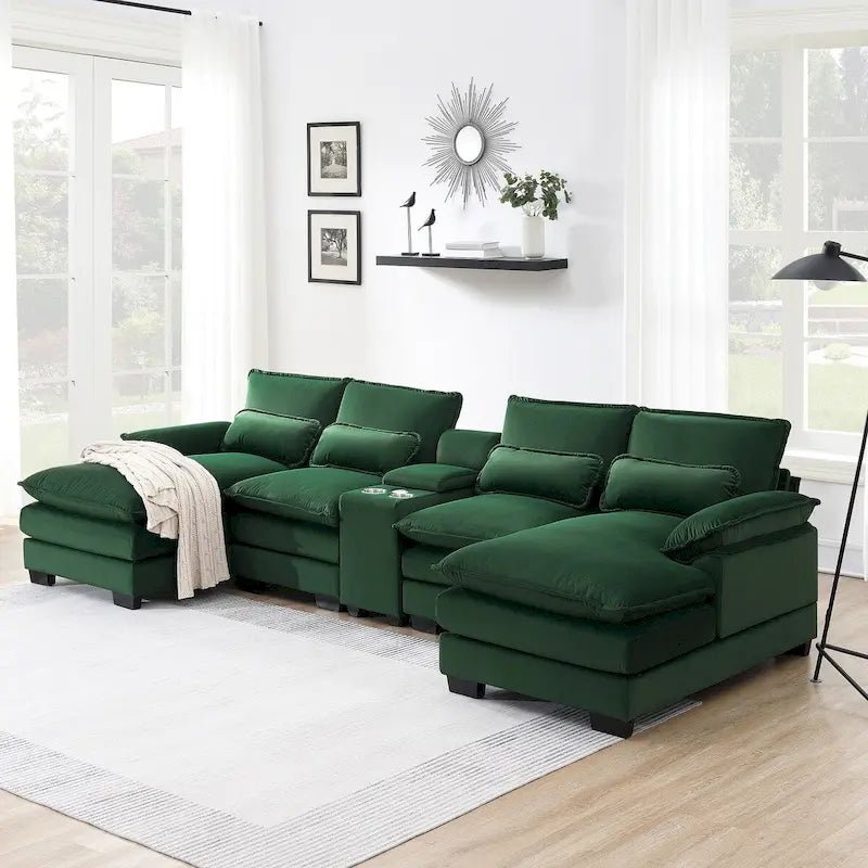 Divano a U 123*55 con Consolle, Portabicchieri e Porte USB, Divano Letto Simmetrico a U Rivestito a 6 Posti con Chaise longue