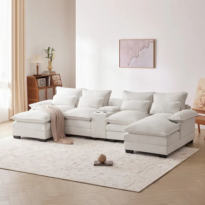 Divano a U 123*55 con Consolle, Portabicchieri e Porte USB, Divano Letto Simmetrico a U Rivestito a 6 Posti con Chaise longue
