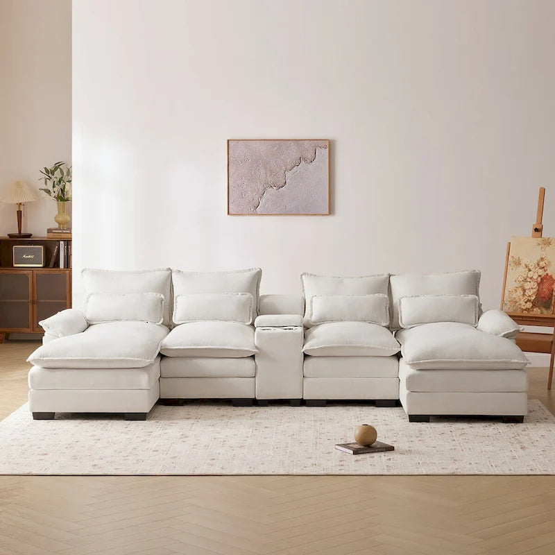 Divano a U 123*55 con Consolle, Portabicchieri e Porte USB, Divano Letto Simmetrico a U Rivestito a 6 Posti con Chaise longue