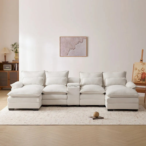 Divano a U 123*55 con Consolle, Portabicchieri e Porte USB, Divano Letto Simmetrico a U Rivestito a 6 Posti con Chaise longue