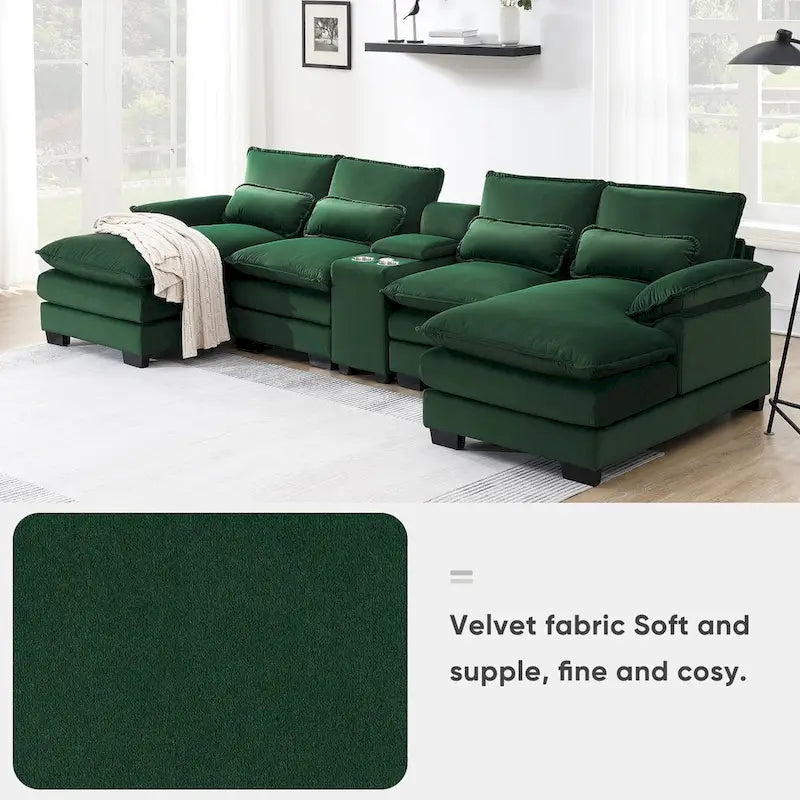 Divano a U 123*55 con Consolle, Portabicchieri e Porte USB, Divano Letto Simmetrico a U Rivestito a 6 Posti con Chaise longue