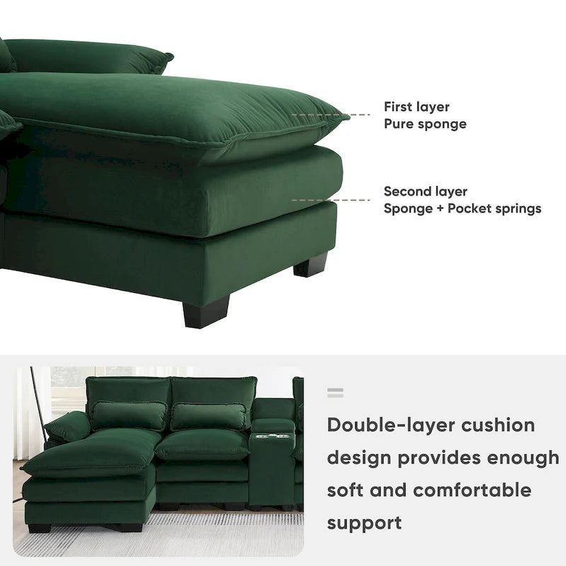 Divano a U 123*55 con Consolle, Portabicchieri e Porte USB, Divano Letto Simmetrico a U Rivestito a 6 Posti con Chaise longue