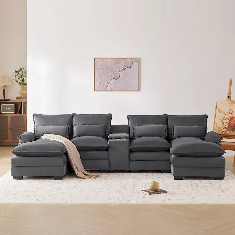Divano a U 123*55 con Consolle, Portabicchieri e Porte USB, Divano Letto Simmetrico a U Rivestito a 6 Posti con Chaise longue